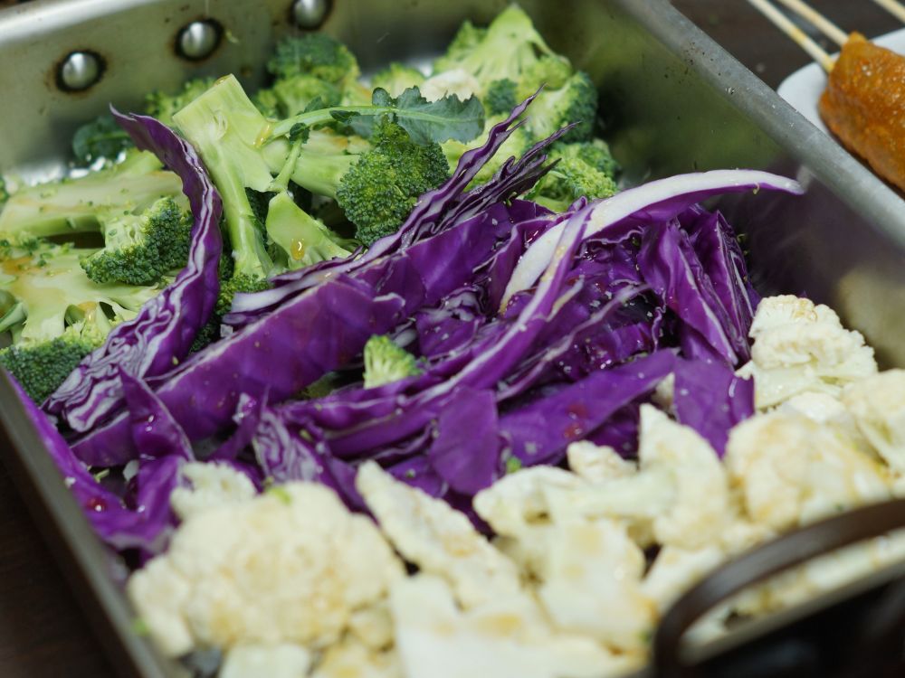 Chopped red cabbage, broccoli, cauliflower