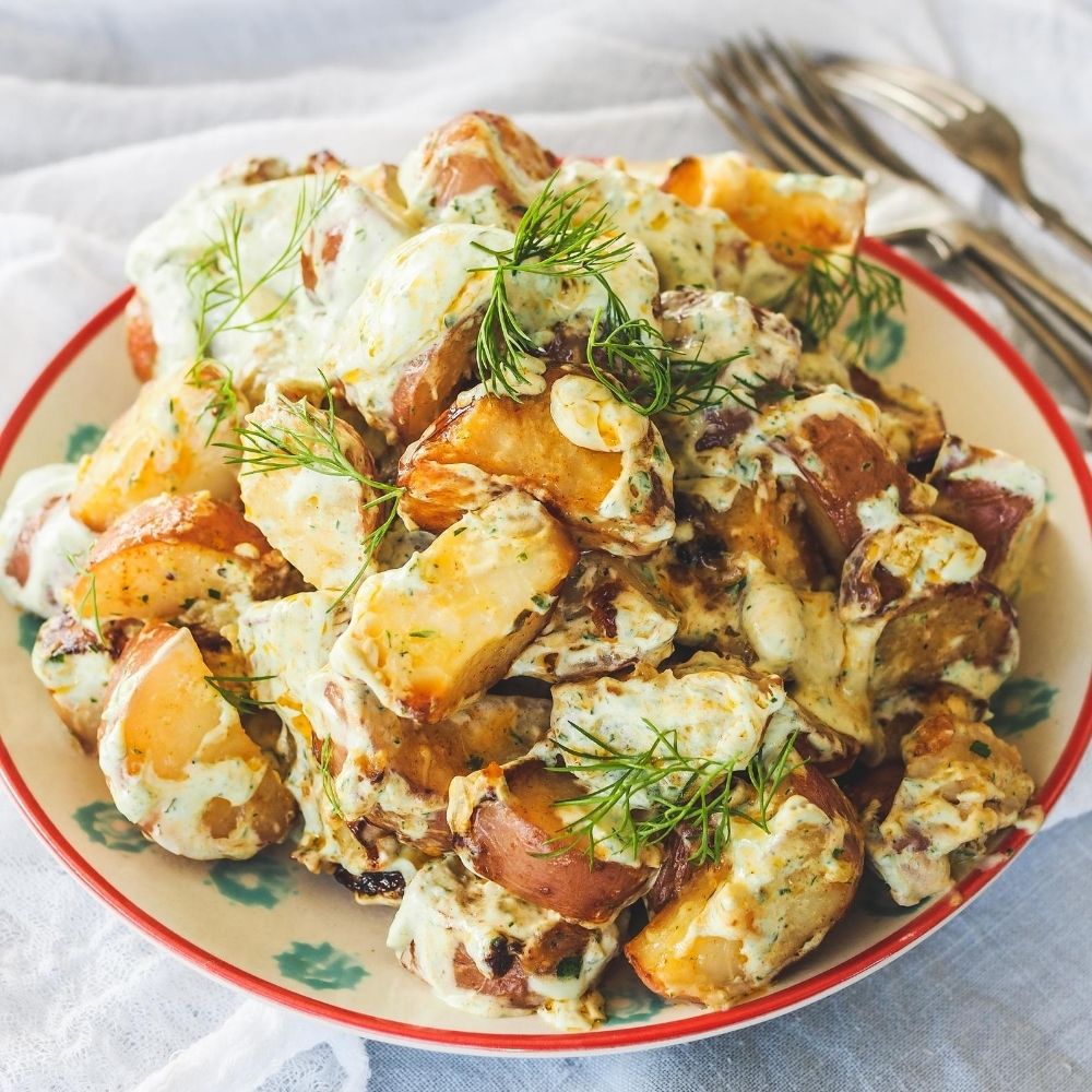 Warm herbed creme fraiche potato salad