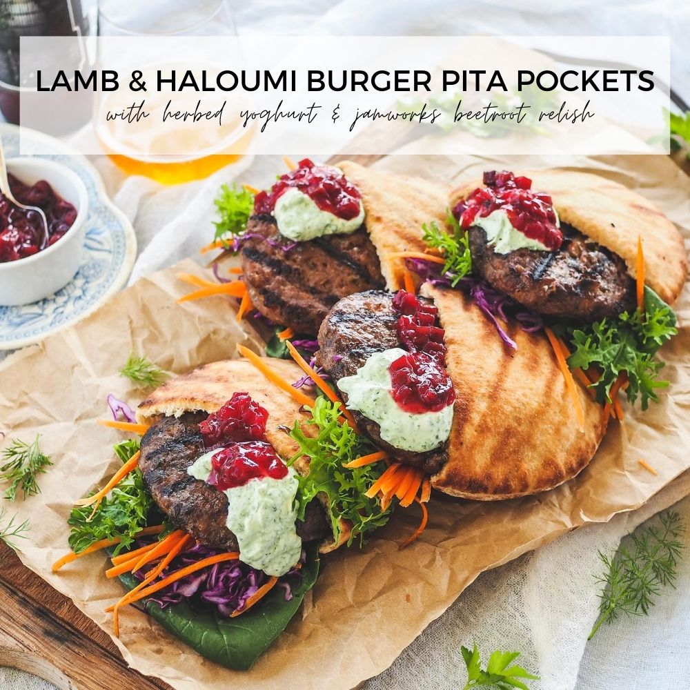 Lamb & Haloumi Burger Pita Pockets with Herbed Yoghurt & Jamworks Beetroot Relish