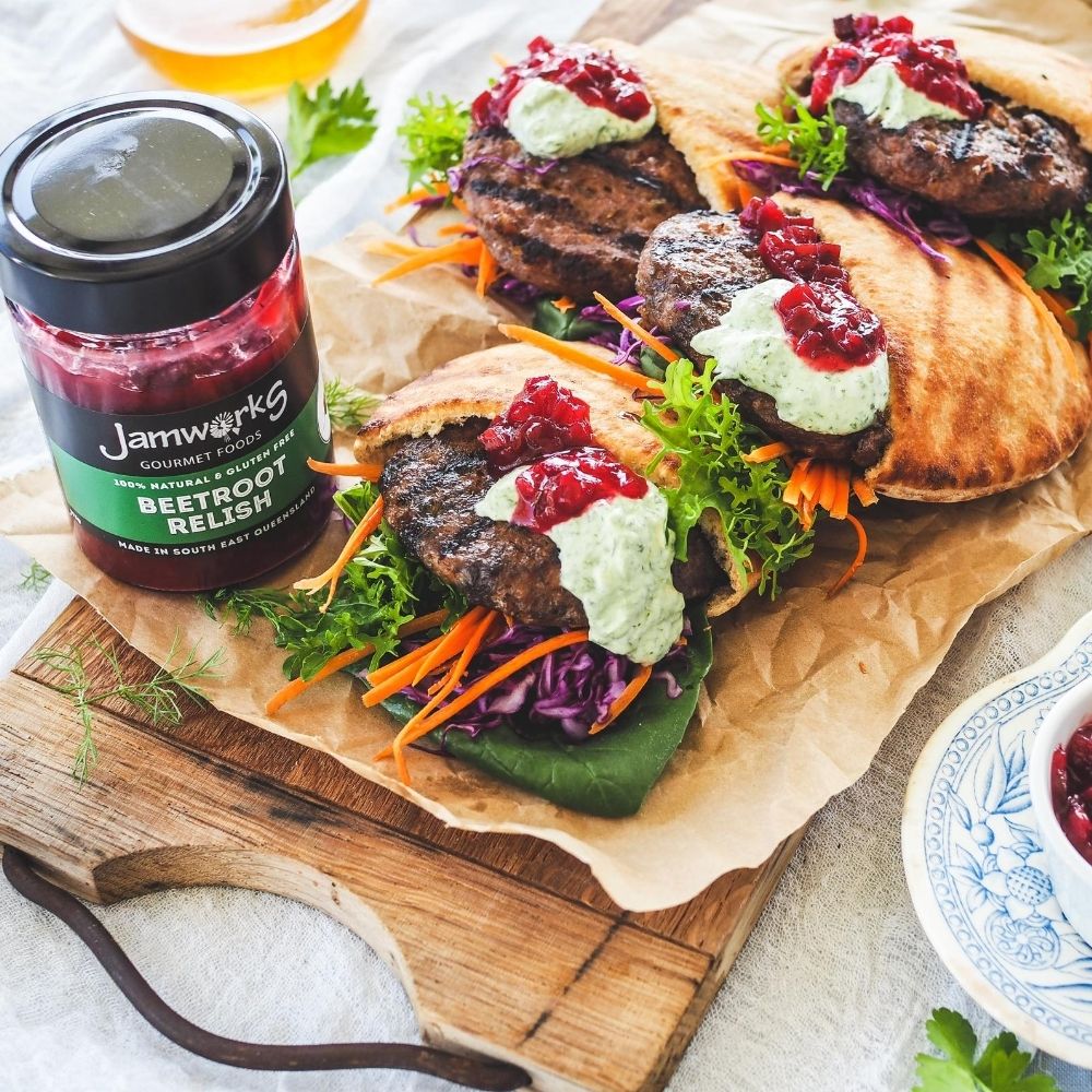 Lamb & Haloumi Burger Pita Pocket with Herbed Mayo & Jamworks Beetroot Relish