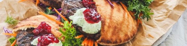 Lamb & Haloumi Burger Pita Pockets with Herbed Yoghurt & Jamworks Beetroot Relish