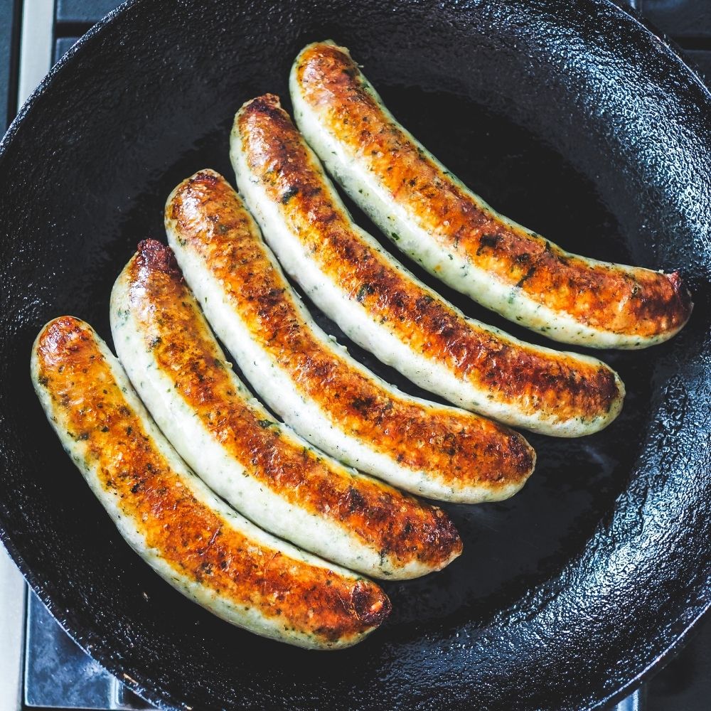 Chicken, Spinach & Pinenut Sausages with Sugar Snaps & Freekeh