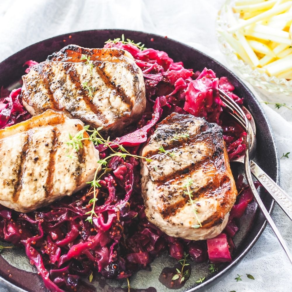 Grilled Pork Medallions with Mustard Braised Red Cabbage