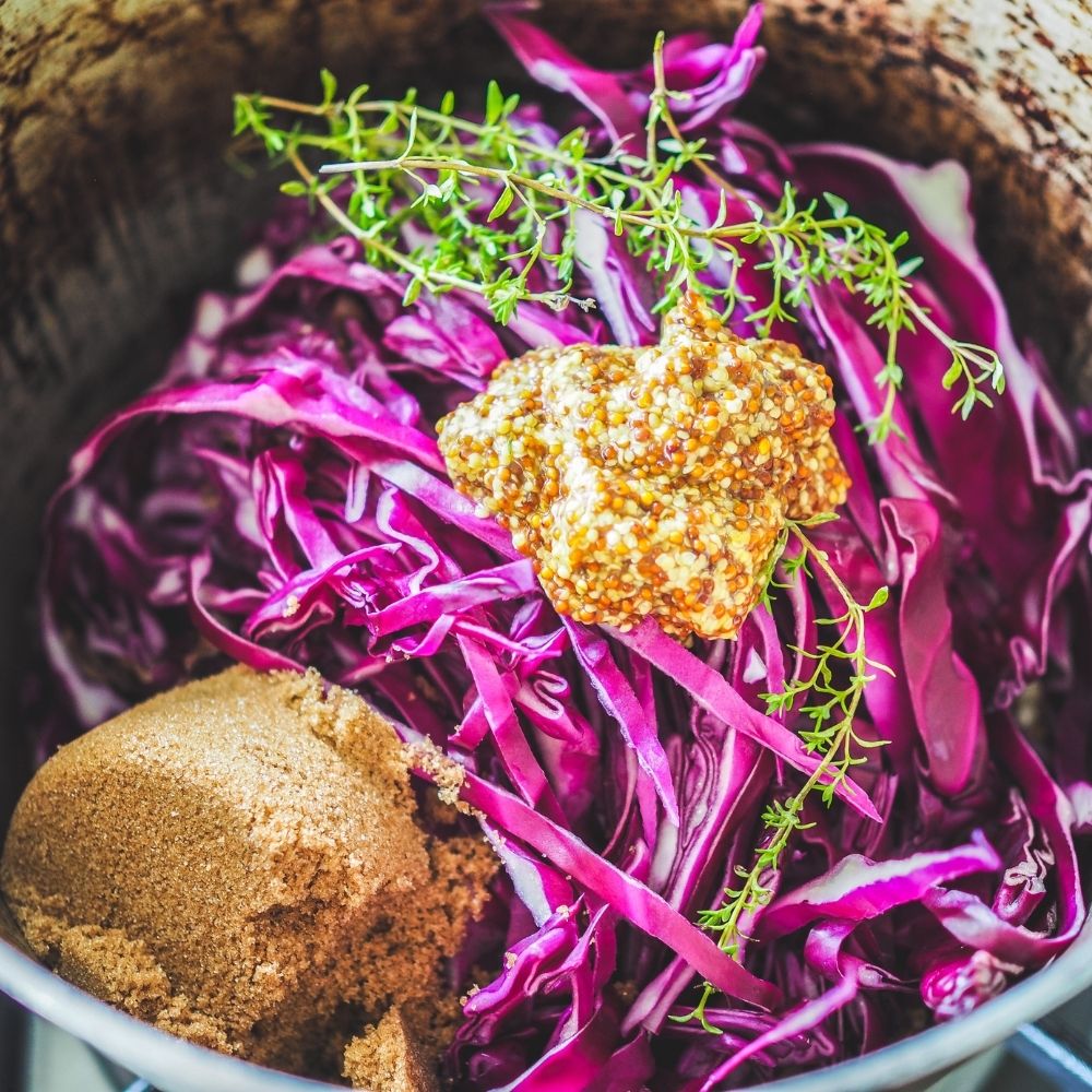 Grilled Pork Medallions with Mustard Braised Red Cabbage