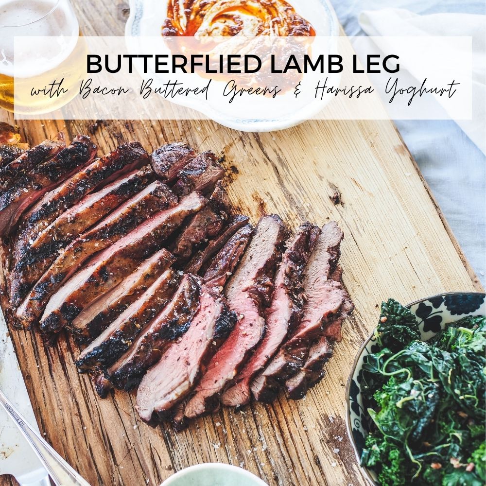 Butterflied Lamb Leg with Bacon Buttered Greens & Harissa Yoghurt
