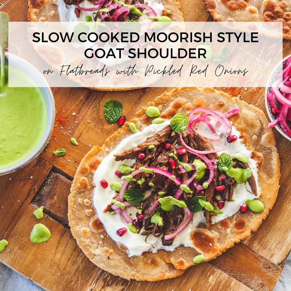 Slow cooked Moorish style goat shoulder on flatbreadSlow cooked Moorish style goat shoulder on flatbread