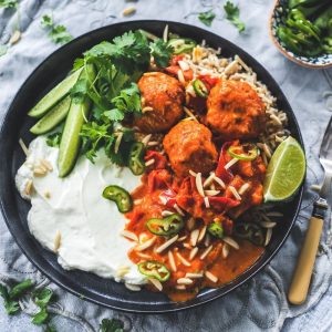 Butter Chicken Meatballs with Rustic Tomato Sauce and Fragrant Basmati Rice