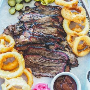 Slow Cooked Brisket with Beer Battered Onion Rings