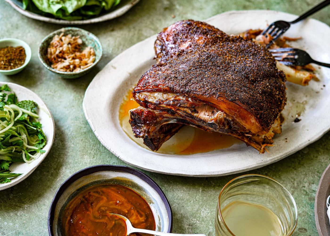 Slow cooked cumin and Sichuan pepper lamb shoulder with rice noodles and greens 2