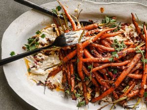 HARISSA AND MAPLE-ROASTED CARROT SALAD WITH GARLICKY CASHEW CREAM
