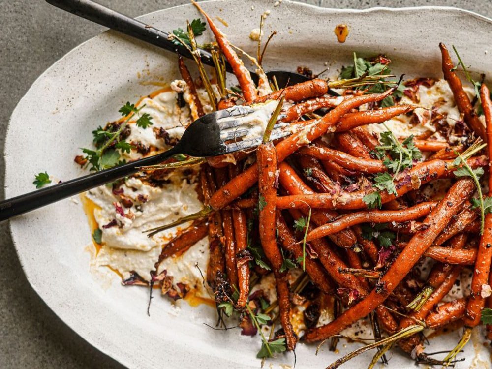 HARISSA AND MAPLE-ROASTED CARROT SALAD WITH GARLICKY CASHEW CREAM