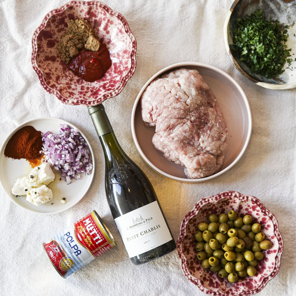 THE INGREDIENTS FOR CHICKEN, KALE AND FETA DUMPLINGS WITH SICILIAN OLIVES