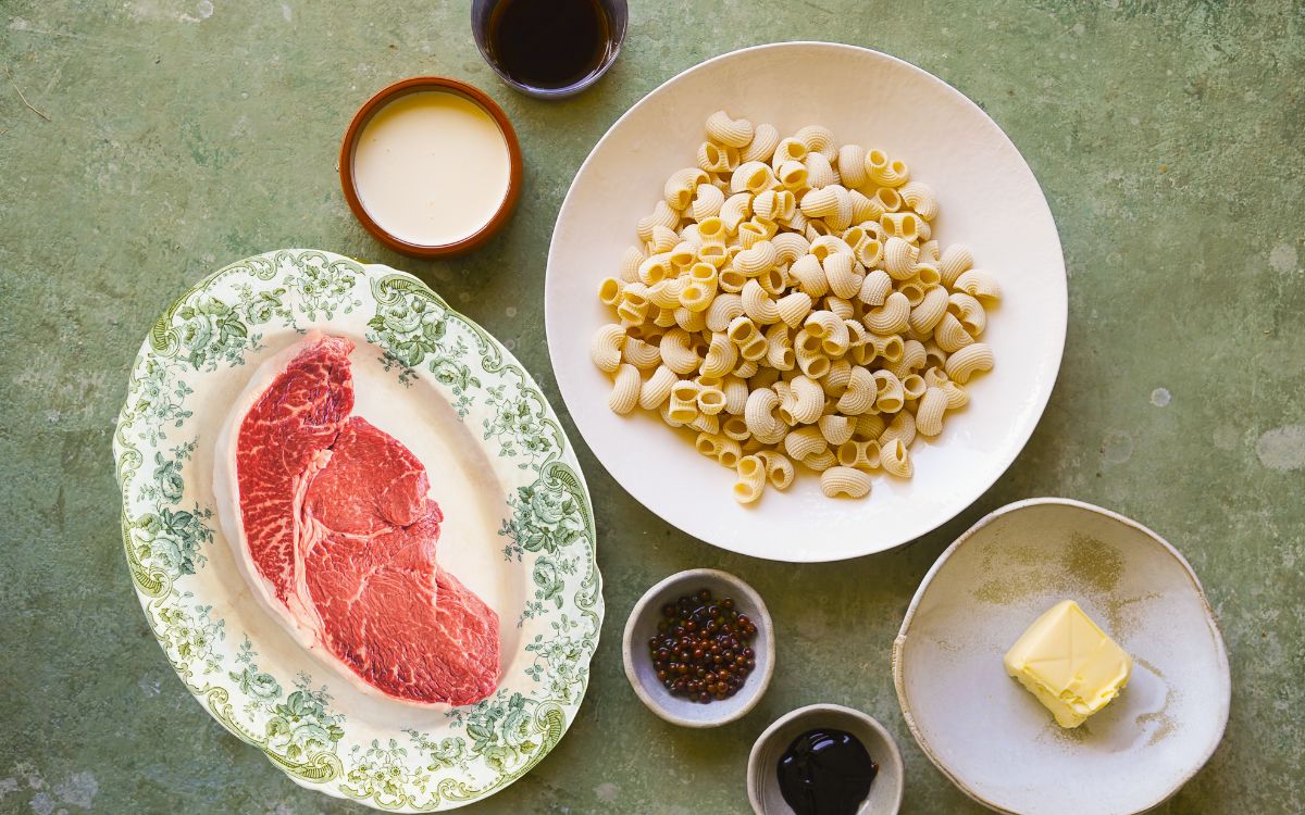 Wagyu rump pasta ingredients laid out on a bench