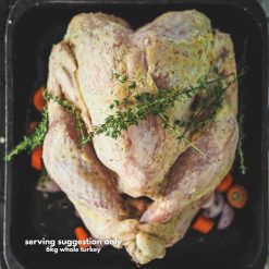 A raw, 6kg turkey, rubbed in butter and in a roasting tray